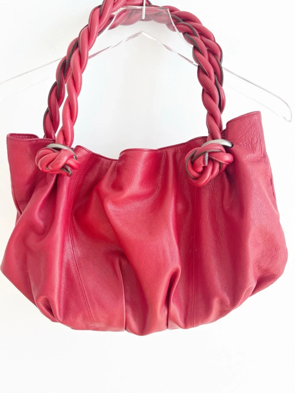 Lupo Barcelona Red Leather Braided Handle Hobo Shoulder Bag + Matching Zip Pouch